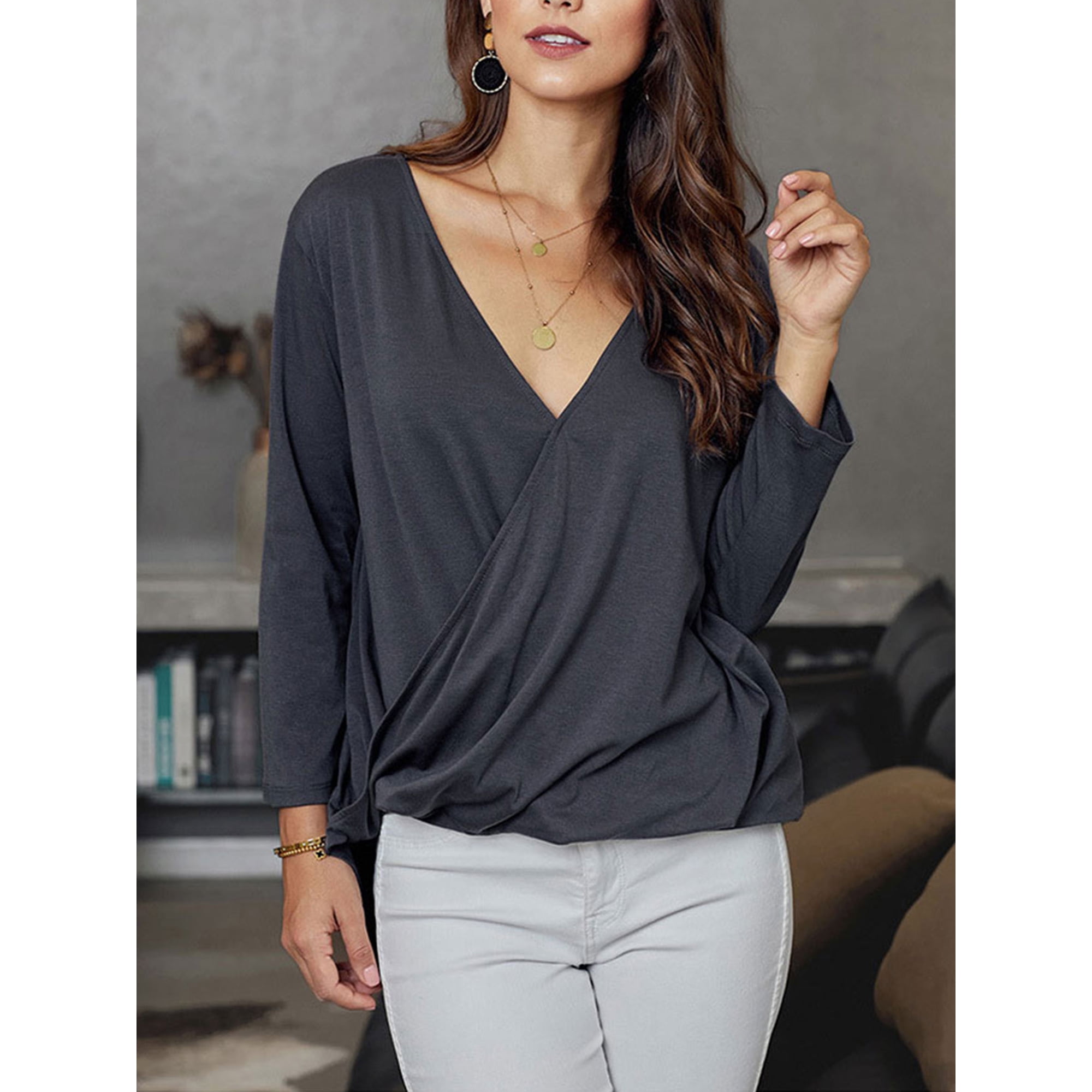 Abeaicoc Womens V-Neck Batwing Sleeve Casual Pure Color T-Shirt Tops Blouse 